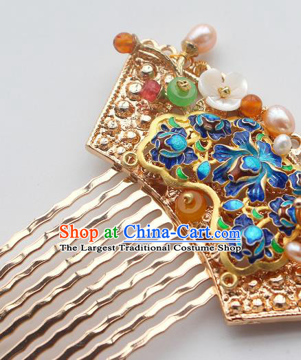 China Ancient Princess Golden Hairpin Traditional Tang Dynasty Court Lady Blueing Hair Comb