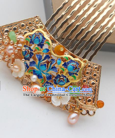 China Ancient Princess Golden Hairpin Traditional Tang Dynasty Court Lady Blueing Hair Comb
