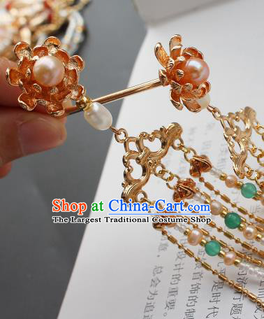 China Ancient Princess Golden Chrysanthemum Hairpin Traditional Ming Dynasty Court Lady Beads Tassel Hair Stick