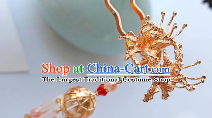 China Ancient Princess Golden Manjusaka Hairpin Traditional Tang Dynasty Wedding Pearls Tassel Hair Stick