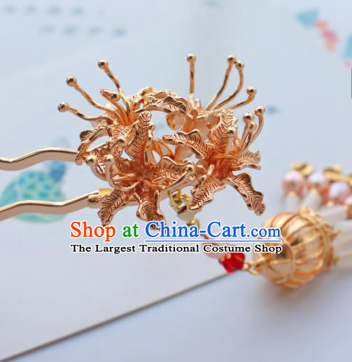 China Ancient Princess Golden Manjusaka Hairpin Traditional Tang Dynasty Wedding Pearls Tassel Hair Stick