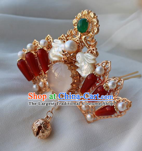 China Ancient Princess Shell Rabbit Hairpin Traditional Ming Dynasty Hanfu Agate Hair Crown