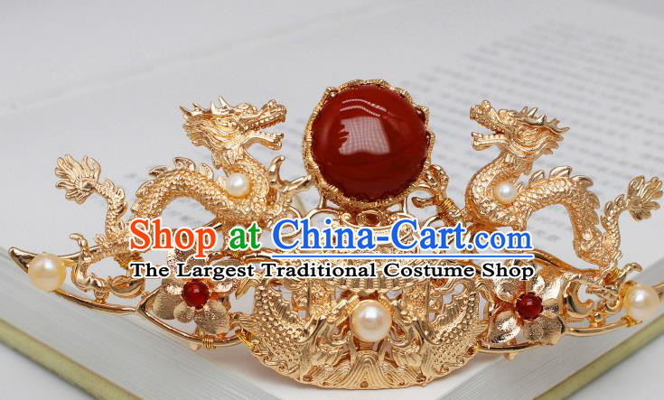 Chinese Traditional Ming Dynasty Emperor Hair Accessories Ancient King Golden Dragon Hairdo Crown