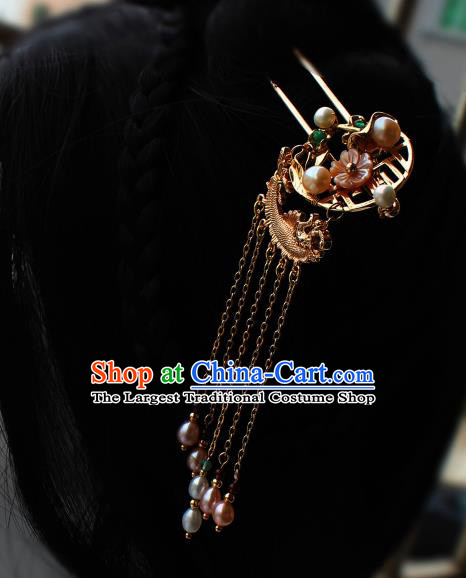 China Ancient Princess Goldfish Hairpin Traditional Ming Dynasty Court Woman Pearls Tassel Hair Stick