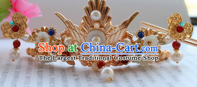 China Ancient Court Woman Golden Phoenix Hairpin Traditional Ming Dynasty Empress Pearls Hair Crown