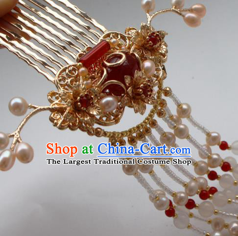 China Ancient Court Woman Agate Hairpin Hair Jewelry Traditional Ming Dynasty Empress Pearls Tassel Hair Comb