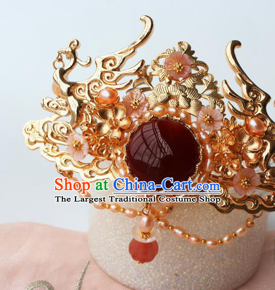 China Ancient Royal Empress Hairpin Headdress Traditional Ming Dynasty Princess Agate Pearls Hair Crown
