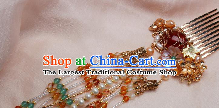 China Ancient Court Lady Agate Hairpin Headpiece Traditional Ming Dynasty Princess Beads Tassel Hair Comb