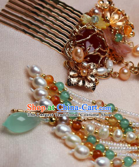China Ancient Court Lady Agate Hairpin Headpiece Traditional Ming Dynasty Princess Beads Tassel Hair Comb