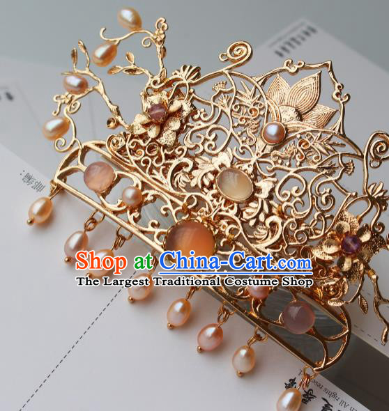 China Ancient Court Empress Pearls Headwear Traditional Tang Dynasty Queen Golden Lotus Hair Crown