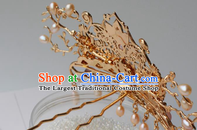 China Ancient Court Empress Pearls Headwear Traditional Tang Dynasty Queen Golden Lotus Hair Crown
