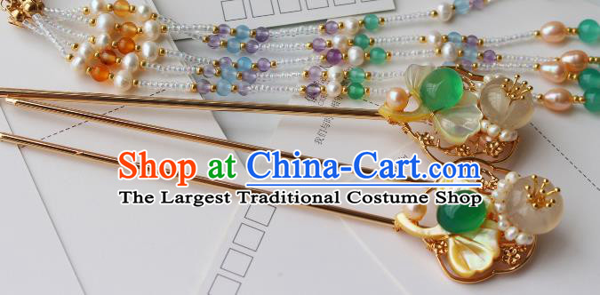 China Ancient Noble Lady Jade Hairpin Traditional Song Dynasty Princess Shell Ginkgo Leaf Hair Stick