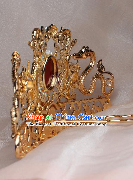 China Ancient Empress Pearls Headdress Hairpin Traditional Ming Dynasty Queen Golden Dragon Hair Crown