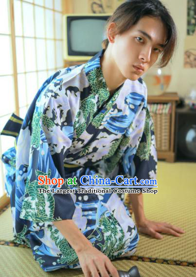 Asian Japan Traditional Printing Waves Navy Yukata Robe Japanese Male Clothing