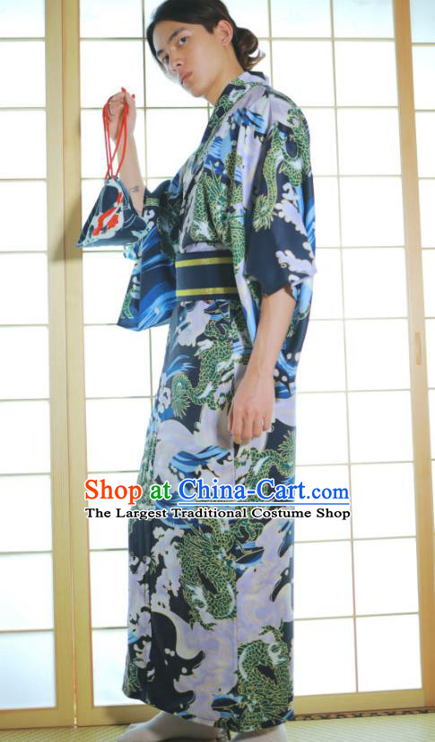 Asian Japan Traditional Printing Waves Navy Yukata Robe Japanese Male Clothing