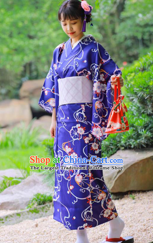 Asian Japan Printing Sakura Deep Blue Edo Komon Kimono Costume Japanese Traditional Young Lady Yukata Dress