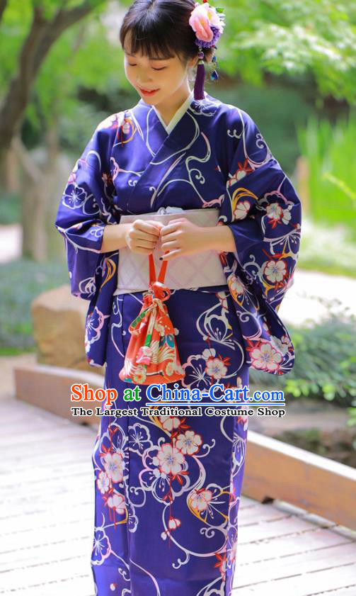 Asian Japan Printing Sakura Deep Blue Edo Komon Kimono Costume Japanese Traditional Young Lady Yukata Dress