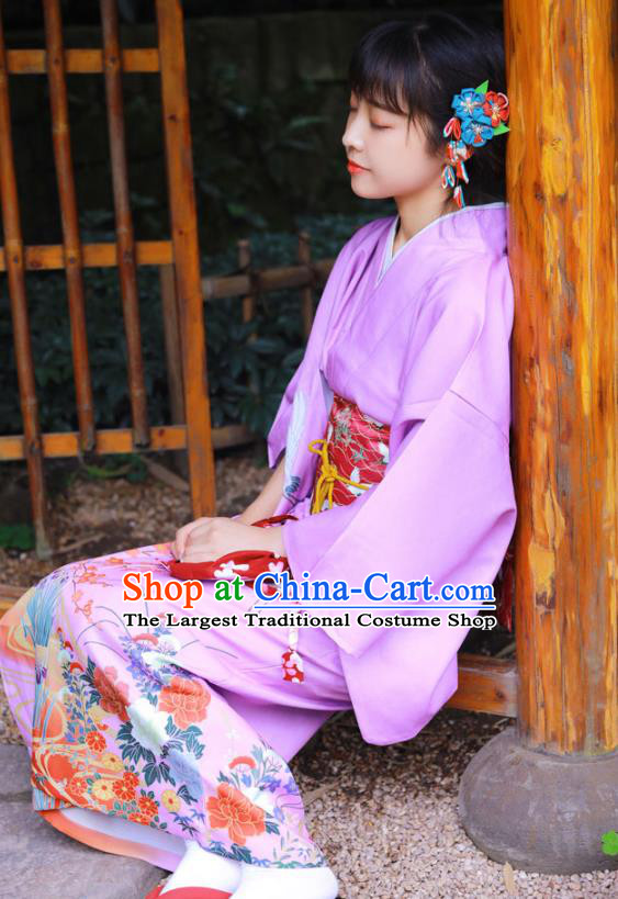 Japanese Traditional Young Lady Printing Crane Yukata Dress Asian Japan Lilac Edo Komon Kimono Costume