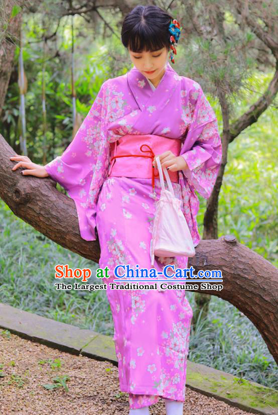 Japanese Traditional Printing Sakura Lilac Yukata Dress Asian Japan Summer Festival Kimono Costume