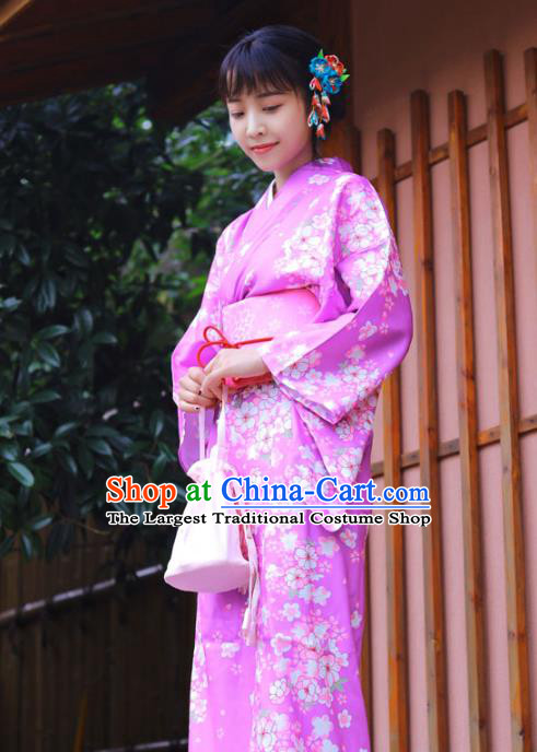 Japanese Traditional Printing Sakura Lilac Yukata Dress Asian Japan Summer Festival Kimono Costume
