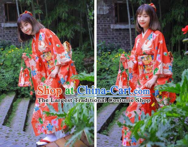 Japanese Traditional Wedding Printing Sakura Red Yukata Dress Asian Japan Bride Furisode Kimono Costume