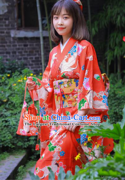 Japanese Traditional Wedding Printing Sakura Red Yukata Dress Asian Japan Bride Furisode Kimono Costume