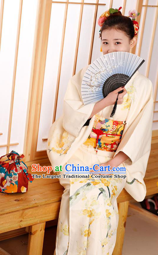 Japanese Traditional Printing Sakura Beige Yukata Dress Asian Japan Edo Komon Kimono Costume