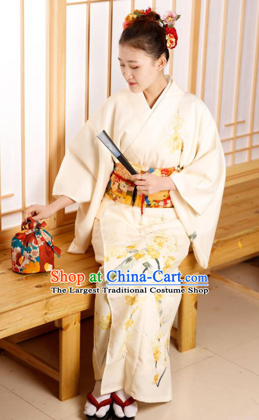 Japanese Traditional Printing Sakura Beige Yukata Dress Asian Japan Edo Komon Kimono Costume