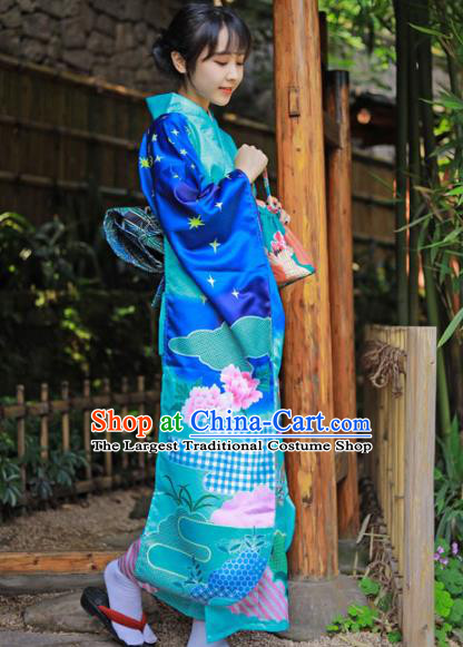 Asian Japan Wedding Bride Furisode Kimono Costume Japanese Traditional Summer Festival Blue Yukata Dress