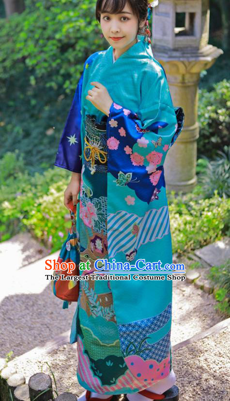 Asian Japan Wedding Bride Furisode Kimono Costume Japanese Traditional Summer Festival Blue Yukata Dress