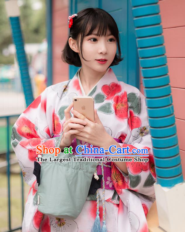 Asian Japan Printing Plum Blossom Kimono Costume Japanese Traditional Hanabi Taikai Yukata Dress