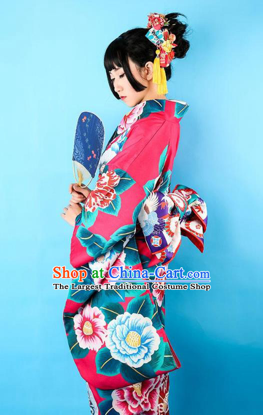 Asian Japan Printing Camellia Furisode Kimono Costume Japanese Traditional Wedding Bride Pink Satin Yukata Dress