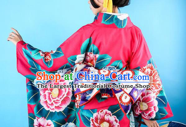 Asian Japan Printing Camellia Furisode Kimono Costume Japanese Traditional Wedding Bride Pink Satin Yukata Dress