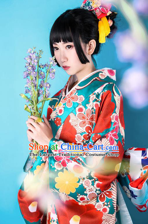 Japanese Traditional Wedding Bride Green Satin Yukata Dress Asian Japan Printing Camellia Furisode Kimono Costume