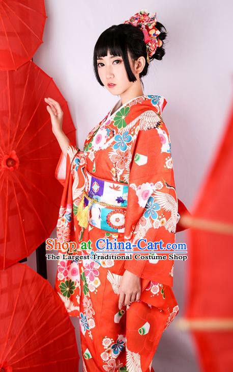 Japanese Traditional Printing Camellia Yukata Dress Asian Japan Wedding Bride Red Furisode Kimono Costume