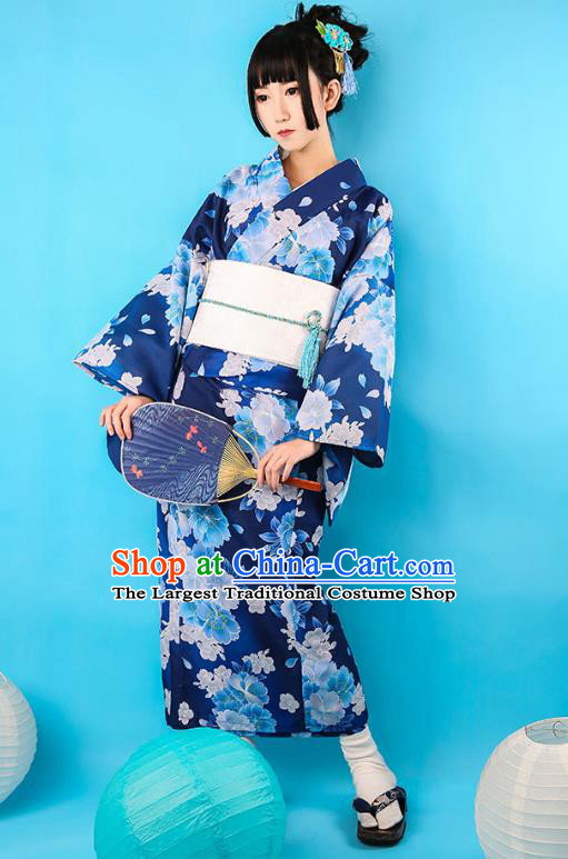 Japanese Traditional Printing Deep Blue Yukata Dress Asian Japan Stage Performance Kimono Costume