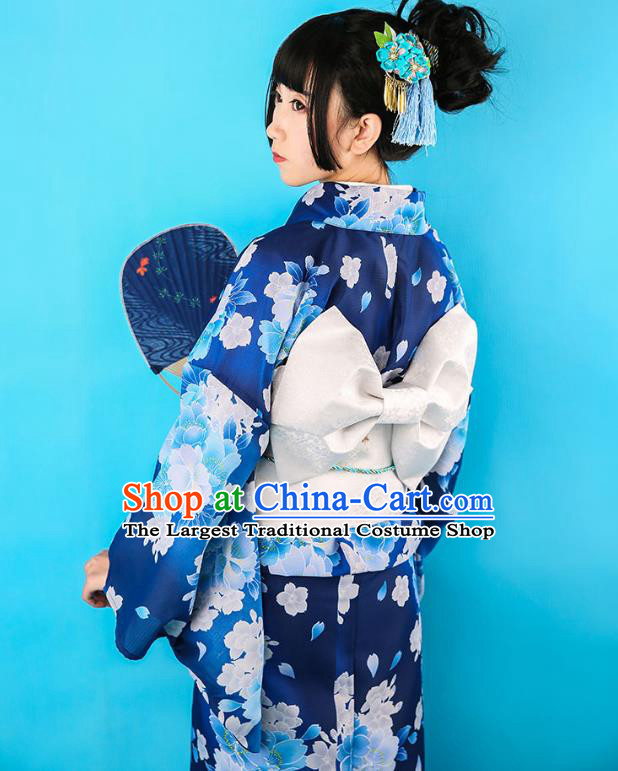 Japanese Traditional Printing Deep Blue Yukata Dress Asian Japan Stage Performance Kimono Costume