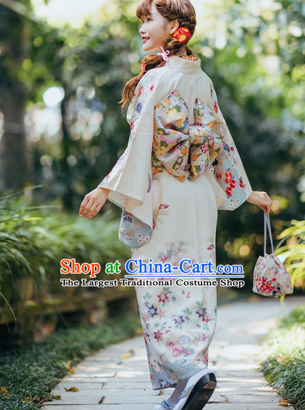 Japanese Traditional Costumes Asian Japan Printing White Tsukesage Kimono