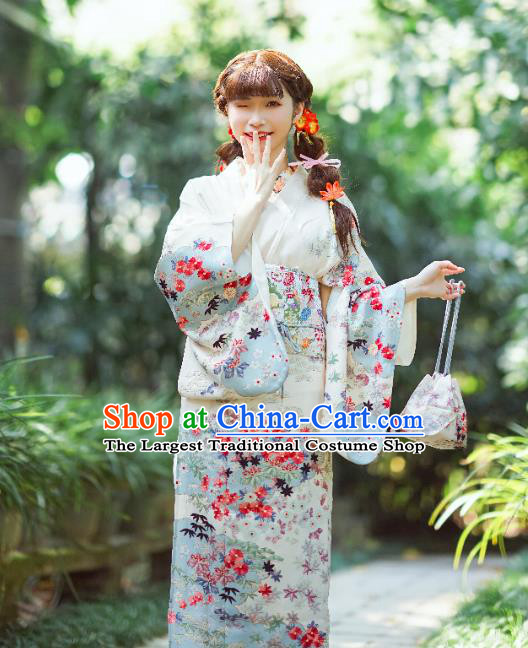 Japanese Traditional Costumes Asian Japan Printing White Tsukesage Kimono