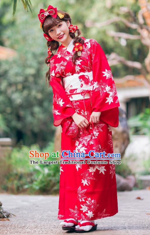 Asian Japan Young Lady Printing Maple Leaf Red Homongi Kimono Japanese Traditional Costumes