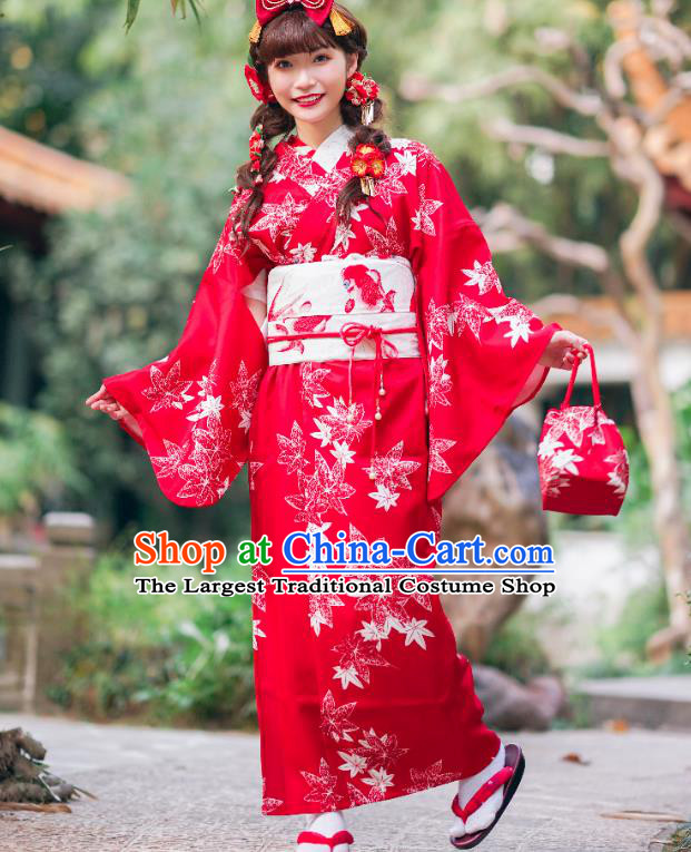 Asian Japan Young Lady Printing Maple Leaf Red Homongi Kimono Japanese Traditional Costumes