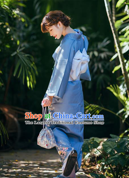 Asian Japan Printing Flowers Blue Yukata Kimono Japanese Traditional Young Woman Costumes