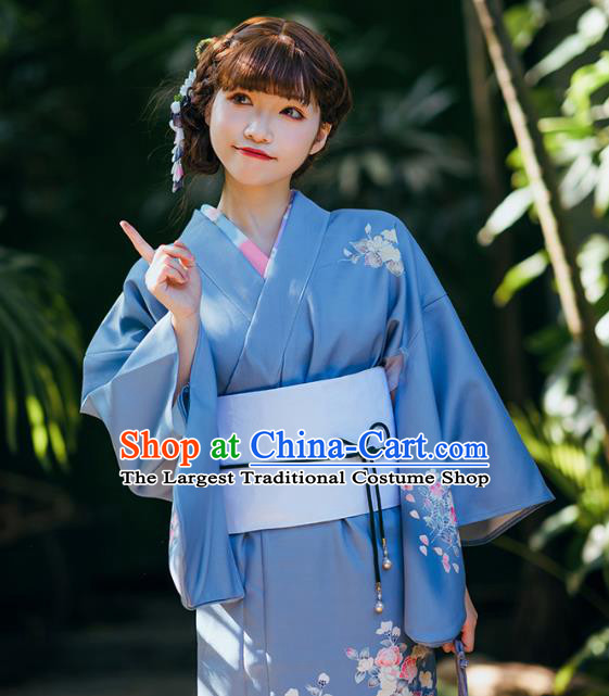 Asian Japan Printing Flowers Blue Yukata Kimono Japanese Traditional Young Woman Costumes