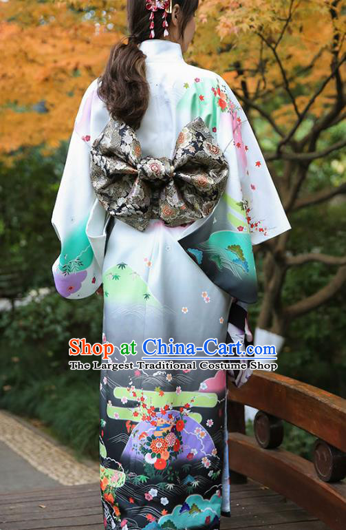 Asian Japan Printing Chrysanthemum Homongi Kimono Japanese Traditional Yukata Dress Costume