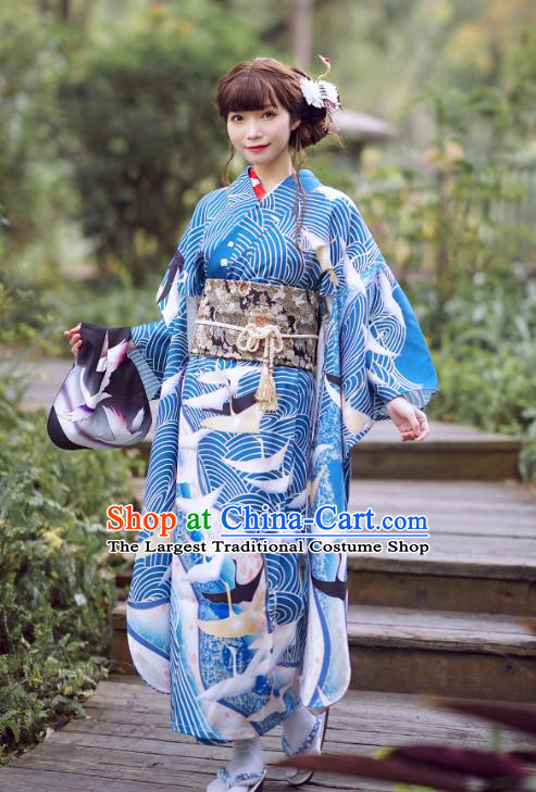 Japanese Traditional Blue Yukata Dress Costume Asian Japan Printing Wave Crane Furisode Kimono