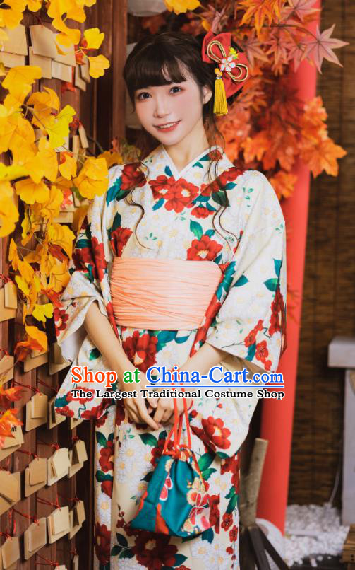Japanese Traditional Yukata Costumes Asian Japan Printing Red Camellia Kimono Dress