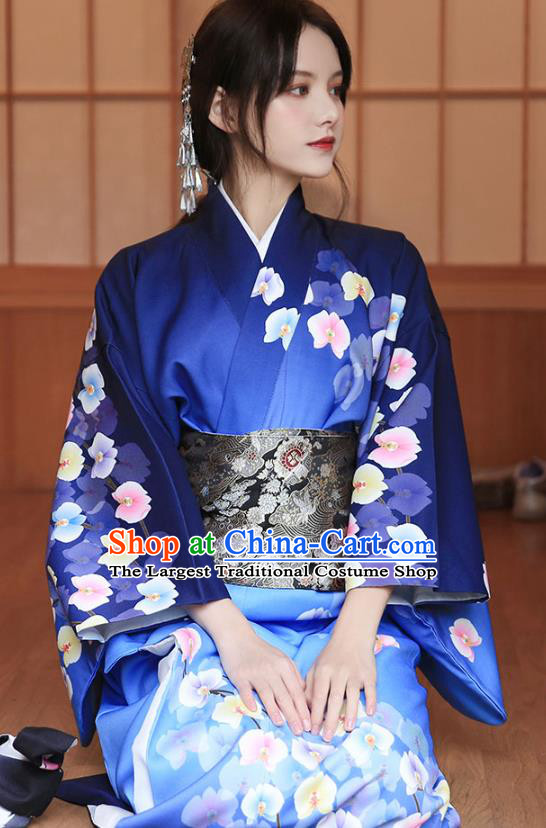 Japanese Traditional Young Woman Yukata Costume Asian Japan Printing Royalblue Kimono Dress