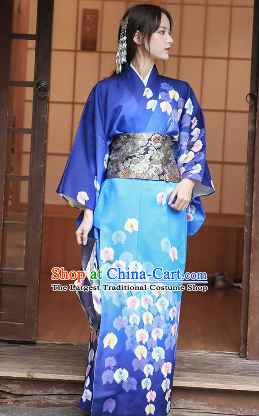 Japanese Traditional Young Woman Yukata Costume Asian Japan Printing Royalblue Kimono Dress