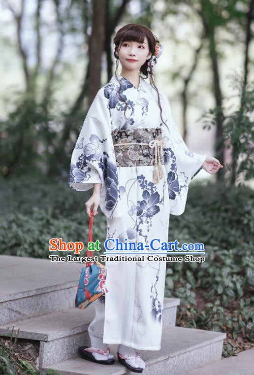 Asian Japan Young Lady Kimono Dress Japanese Traditional Printing White Yukata Costume
