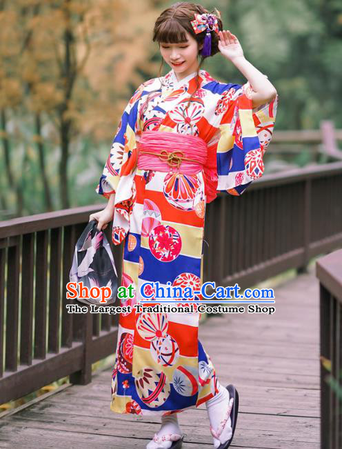 Japanese Traditional Printing Red Yukata Costume Asian Japan Young Lady Kimono Dress